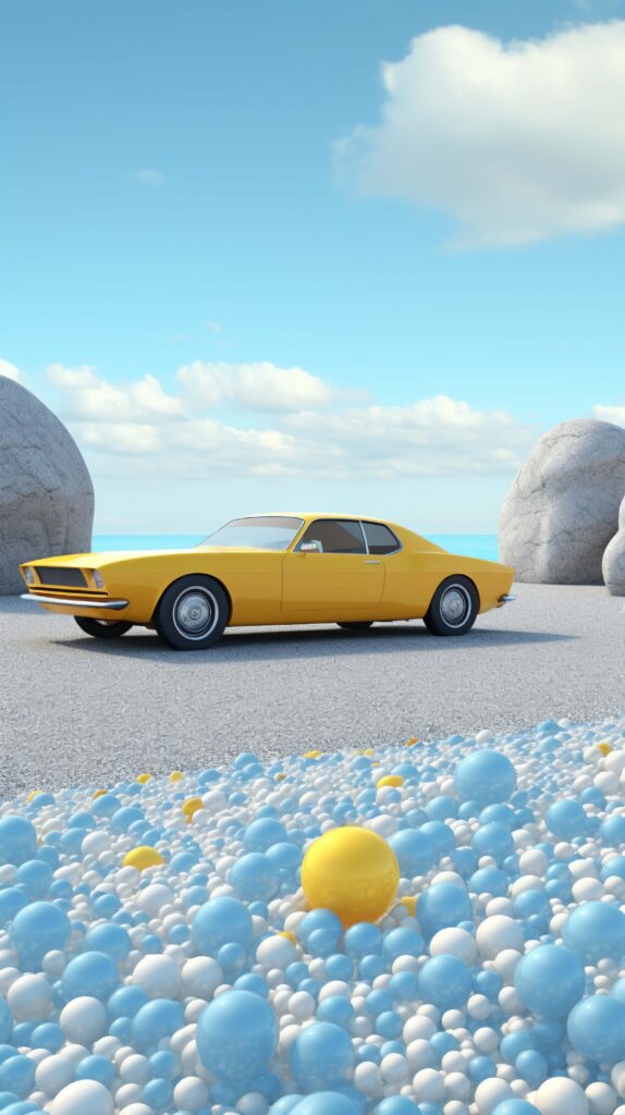 Een felgele oldtimer, ideaal voor een verzekering voor jonge bestuurders, staat geparkeerd op een gladde, lichtgrijze ondergrond, vlakbij grote rotsblokken. Boven ons hoofd strekt zich een blauwe lucht uit met wolkjes die boven de blauwe, witte en gele bollen op de voorgrond schitteren.