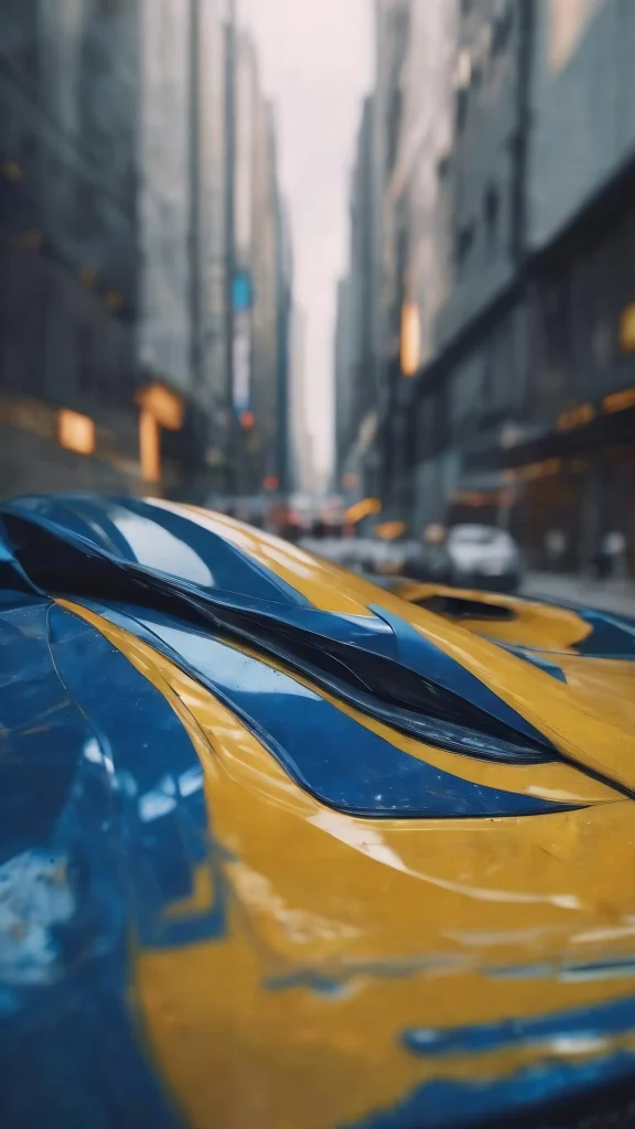 Gros plan sur le capot d'une voiture de sport bleue et jaune aux lignes épurées, garée dans une rue floue de la ville. Elle représente parfaitement le style et la tranquillité d'esprit, avec le mini-omnium de l'assurance automobile, au milieu de lumières brillantes et de grands immeubles en arrière-plan.